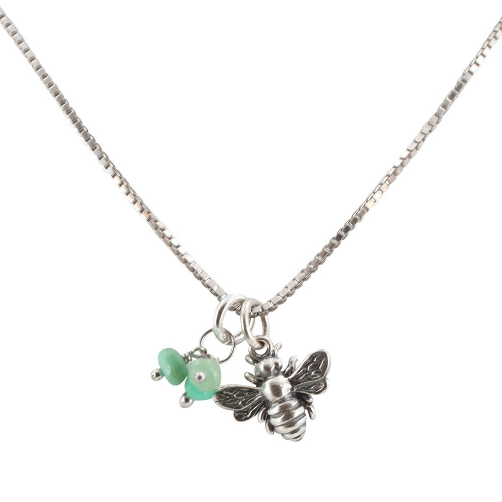 Tiny Honey Bee Necklace with Chrysoprase Gemstones
