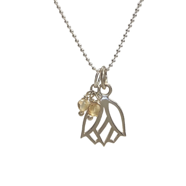 Limited Edition Hanging Lotus Flower and Citrine Gemstones Necklace in Sterling Silver, 16