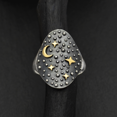 Silver Night Sky Ring with Bronze Moon and Stars