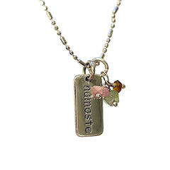 Namaste Double Sided Word Pendant with Tourmaline Beads in Sterling Silver on a Bead Chain