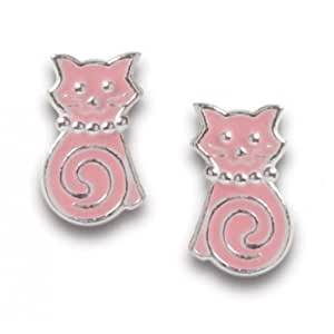 Tiny Enamel Swirl Tail Cat Post Earrings in Sterling Silver