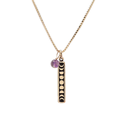 Vertical Bronze Moon Phase and Amethyst Necklace on an 18