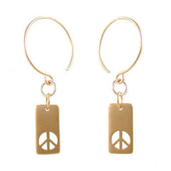 Rectangular Gold Peace Sign Dangle Earrings on Hoops in Gold Vermeil