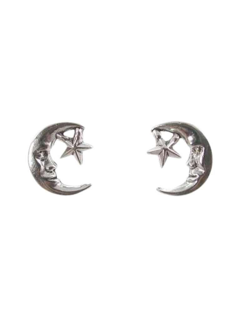 Tiny Man in the Moon and Star Stud Earrings in Sterling Silver