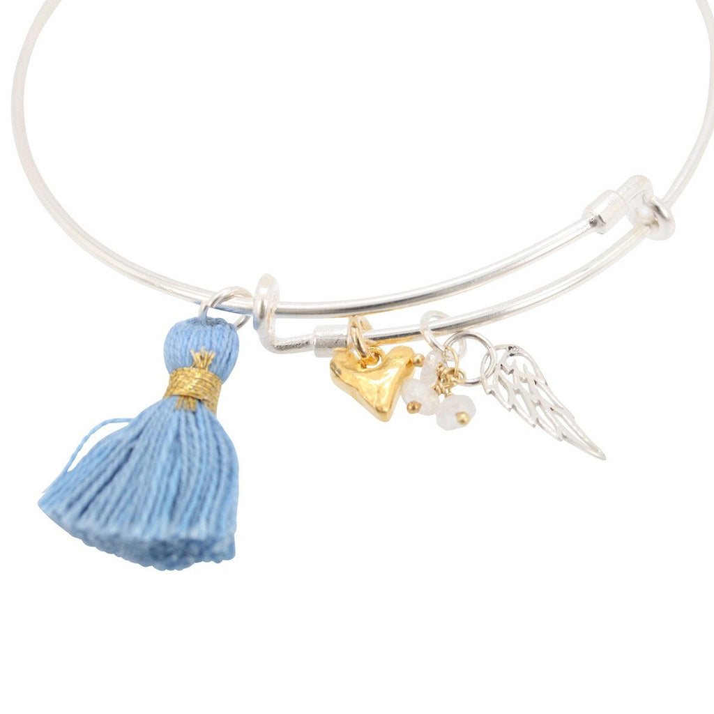 Bangle Bracelet with Angel Wing, Moonstone, Heart, and Tassel Charms