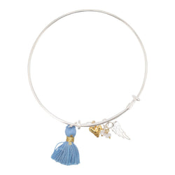 Bangle Bracelet with Angel Wing, Moonstone, Heart, and Tassel Charms