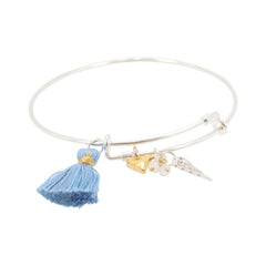 Bangle Bracelet with Angel Wing, Moonstone, Heart, and Tassel Charms