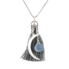 Crescent Moon Necklace with Grey Tassel, Blue Chalcedony, and Labradorite Stones