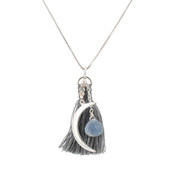 Crescent Moon Necklace with Grey Tassel, Blue Chalcedony, and Labradorite Stones