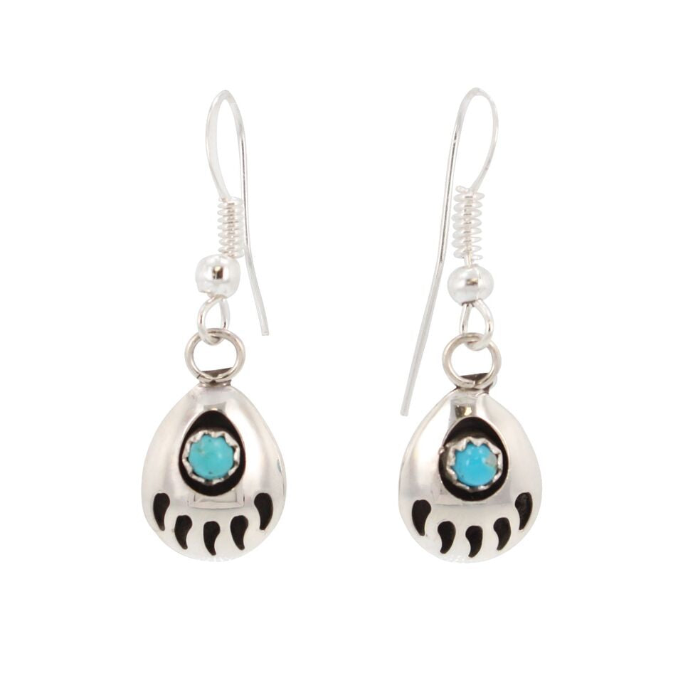 Small Bear Paw Dangle Earrings in Turquoise and Sterling Silver