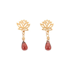 Gold Lotus Post Earrings with Garnet Drops, #6621-yg