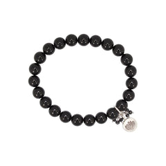 Lotus Charm on 8mm Black Tourmaline Stretch Bracelet