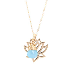 Bronze Lotus Necklace with Blue Chalcedony Briolette