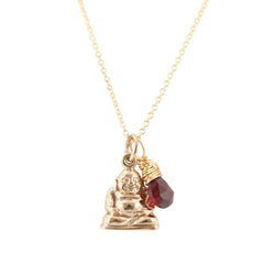Small Bronze Buddha Necklace with Garnet Briolette