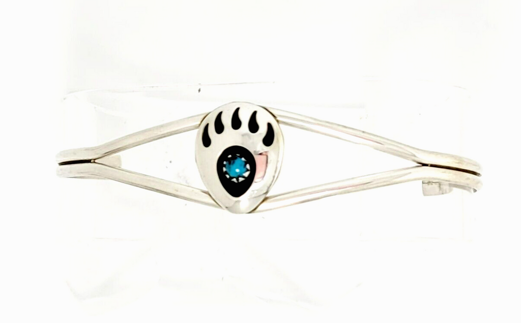 Navajo Handcrafted Bear Paw Cuff Bracelet in Sterling Silver & Turquoise