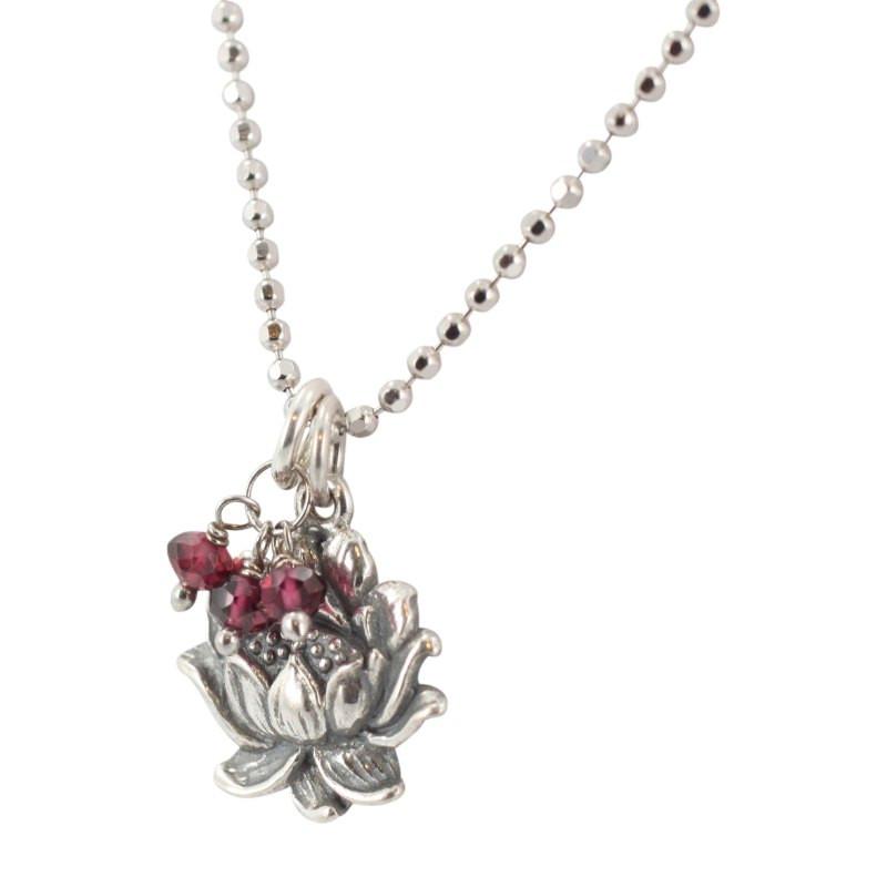 Detailed Lotus Necklace with Garnet Gemstones in Sterling Silver