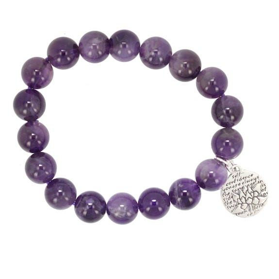 Lotus with Words of Inspiration on 10mm Purple Amethyst Bracelet