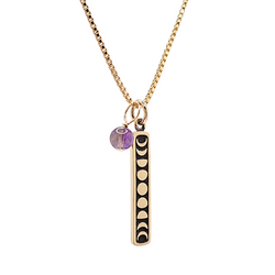 Vertical Bronze Moon Phase and Amethyst Necklace on an 18
