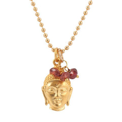 Buddha Necklace with Garnet Gemstones in 24k Gold Plated Bronze