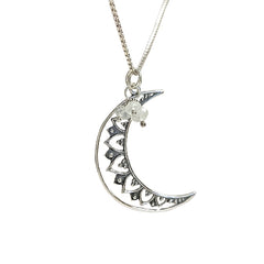Crescent Moon Mandala with Moonstone Necklace in Sterling Silver 16