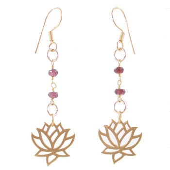 Lotus Flower Dangle Earrings in Gold Vermeil with Garnet Gemstone Beads