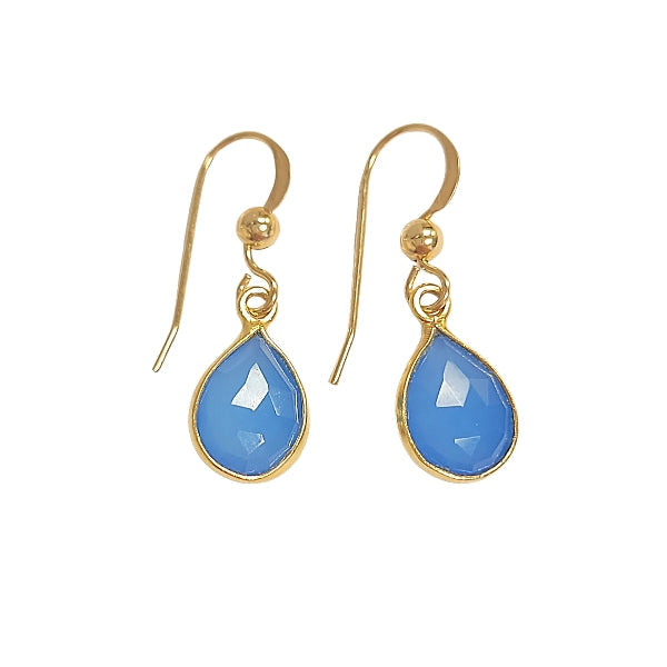 Gold Blue Chalcedony Teardrop Dangle Earrings