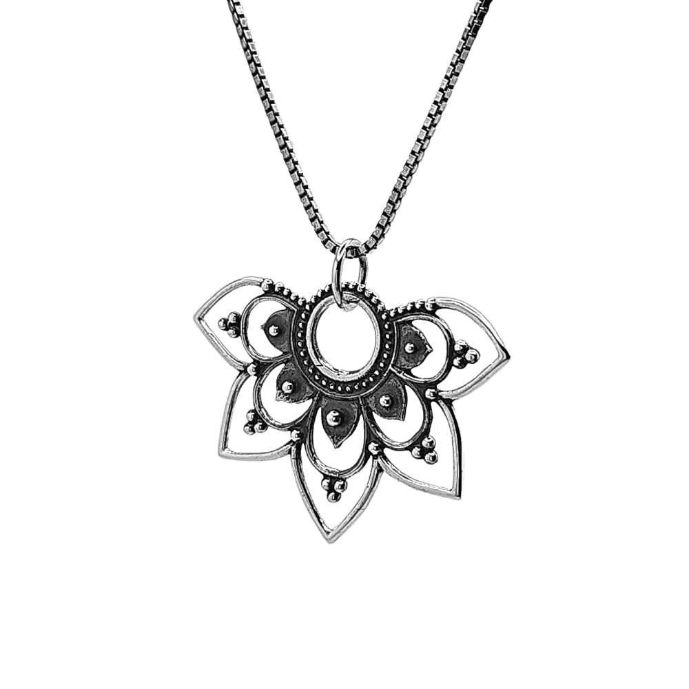 Openwork Lotus Half Mandala Pendant Necklace in Sterling Silver 20