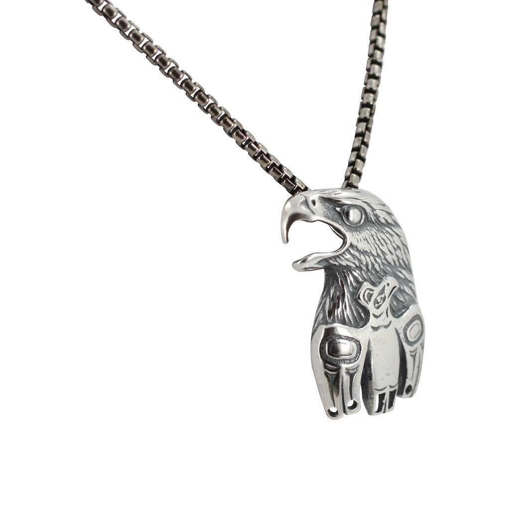 Mens Tribal Eagle Totem Necklace in Sterling Silver on a 1.8mm Box Chain