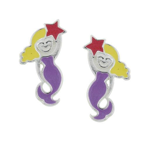 Tiny Enamel Mermaid Post Stud Earrings in Sterling Silver