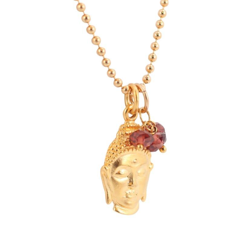Buddha Necklace with Garnet Gemstones in 24k Gold Plated Bronze