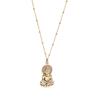 Detailed Sitting Young Buddha Necklace in Bronze on 20