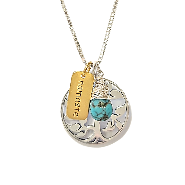 Tree of Life, Turquoise Gemstone and NAMASTE word tag Charm Necklace on an 18