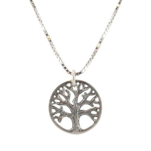 Round Cut Out Design Small Tree of Life Pendant in Sterling Silver on an 18