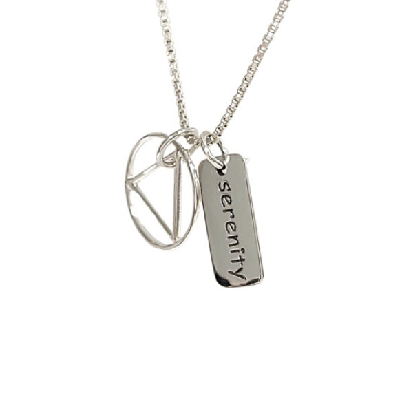 Geometric Triangle in Circle With Serenity Tag or AA NA Recovery Symbol Charm Necklace In Sterling Silver