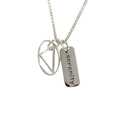 Geometric Triangle in Circle With Serenity Tag or AA NA Recovery Symbol Charm Necklace In Sterling Silver