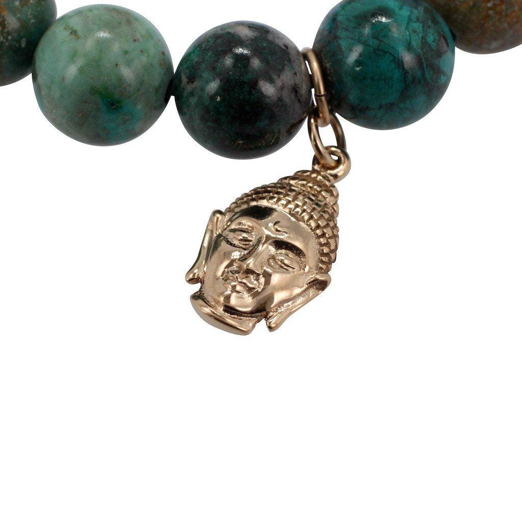 12mm Chrysocolla Energy Bracelet with Bronze Buddha Head Charm