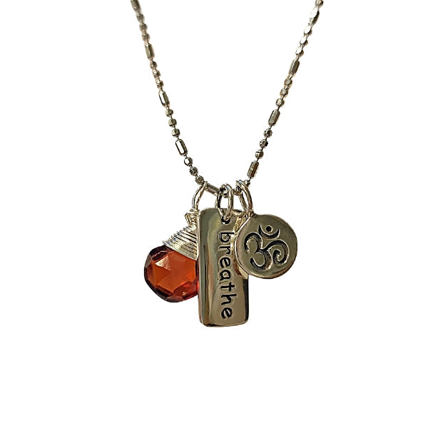 OM (Aum), Garnet Briolette Gemstone and BREATHE Charm Necklace on an 18