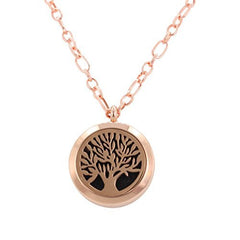 Aromatherapy Tree Necklace, Small Round Essential Oil Diffuser Locket in Rose Colored Stainless Steel, 29 Inch Chain