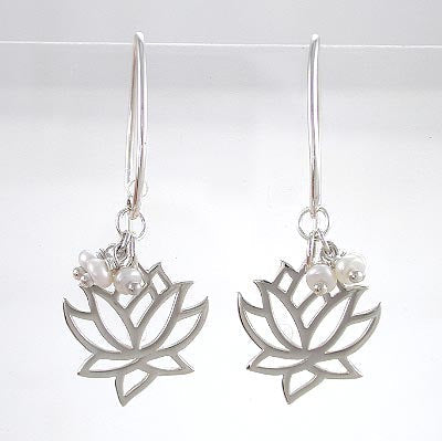 Limited Edition Cut Out Design Lotus Flower Dangle Earring in Sterling Silver with Pearl Gemstone Beads, 8372