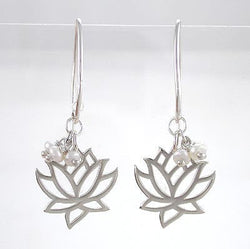 Limited Edition Cut Out Design Lotus Flower Dangle Earring in Sterling Silver with Pearl Gemstone Beads, 8372