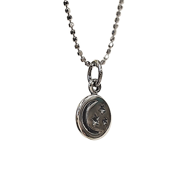 Tiny Crescent Moon and Stars Disk on Rhodium Plated Sterling Silver 16