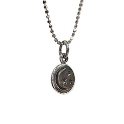 Tiny Crescent Moon and Stars Disk on Rhodium Plated Sterling Silver 16