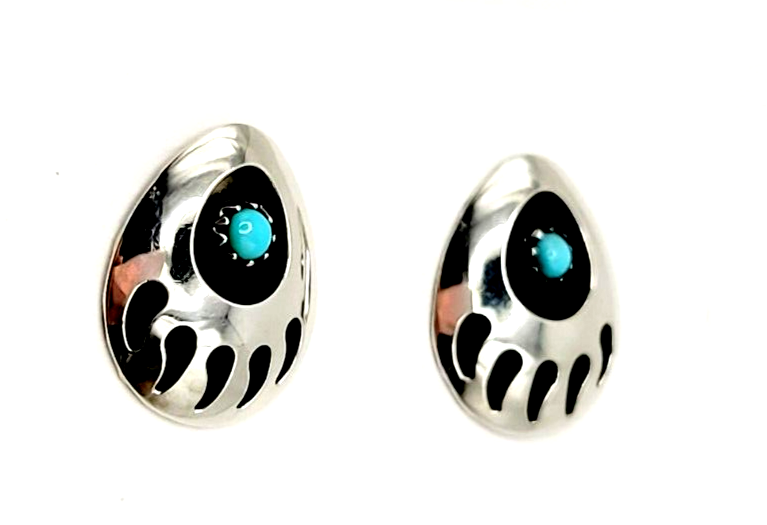 Medium Navajo Handcrafted Bear Paw Post Earrings in Turquoise & Sterling Silver